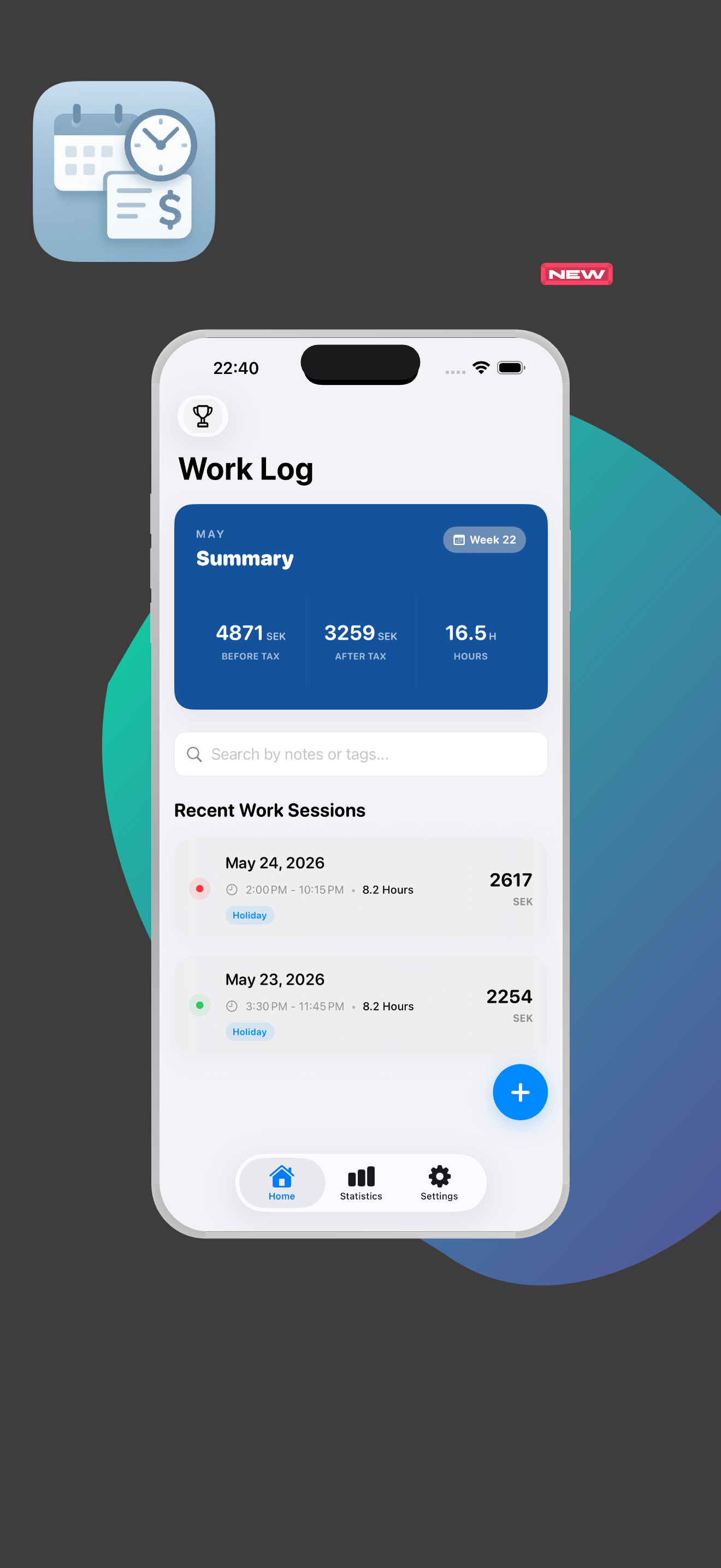 ArbetsTid home screen showing monthly salary summary and recent work sessions