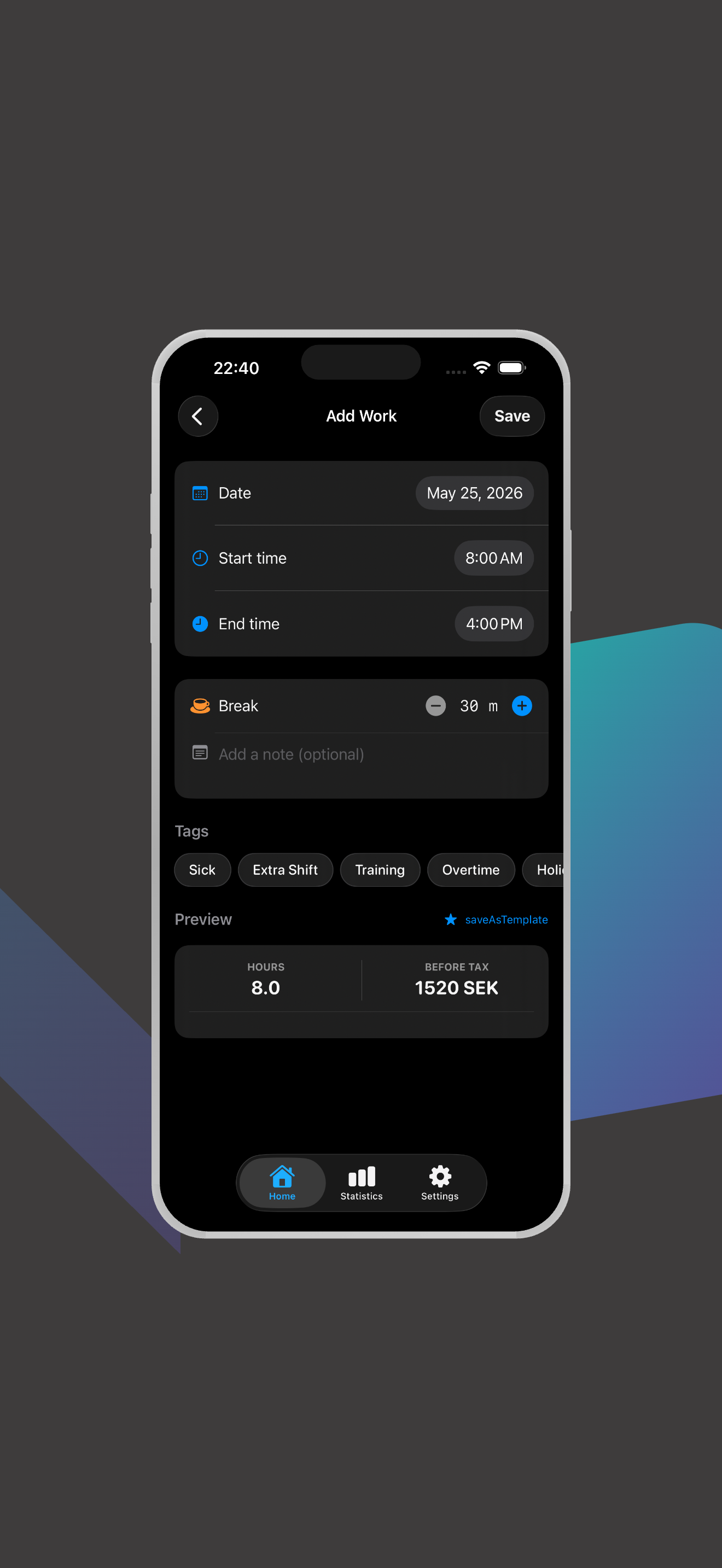 ArbetsTid Pro screen