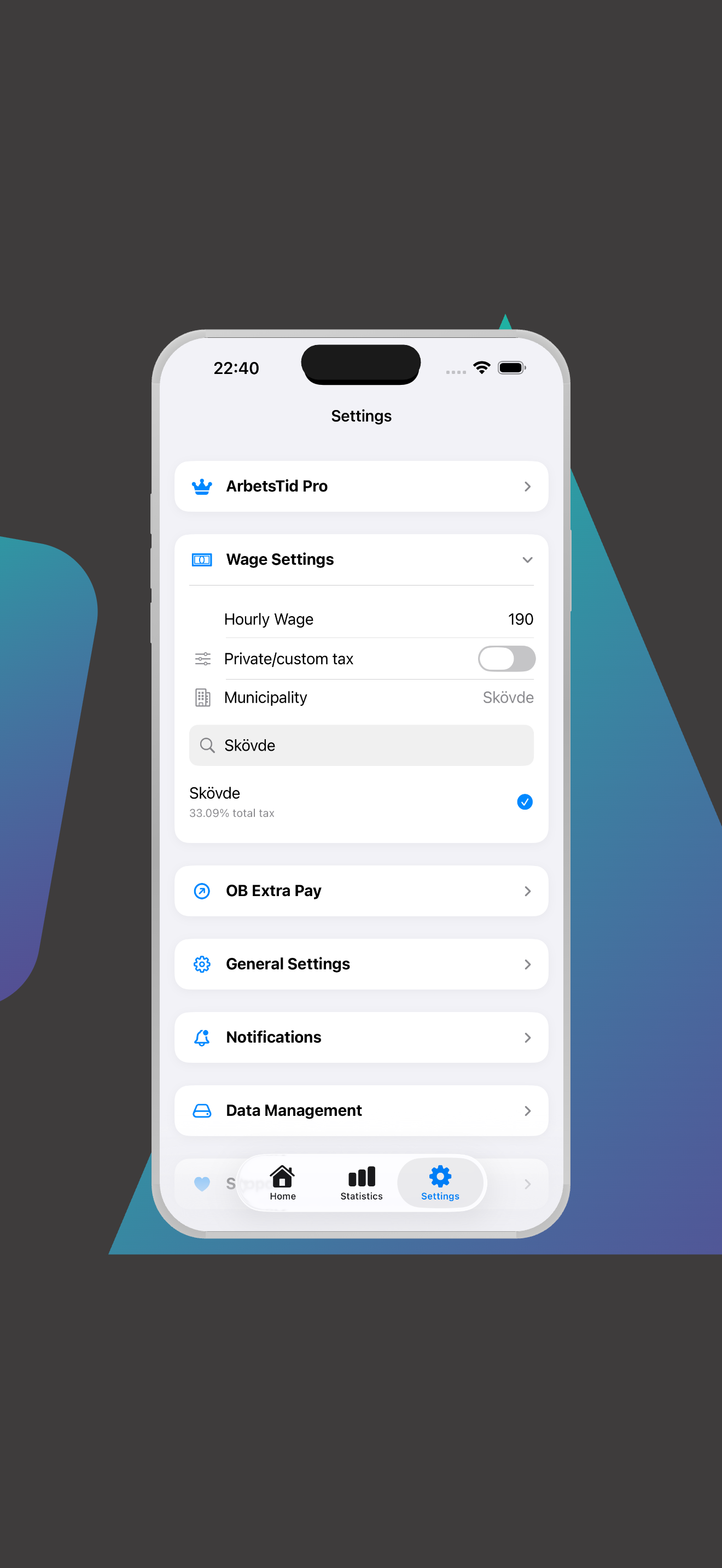 Settings screen